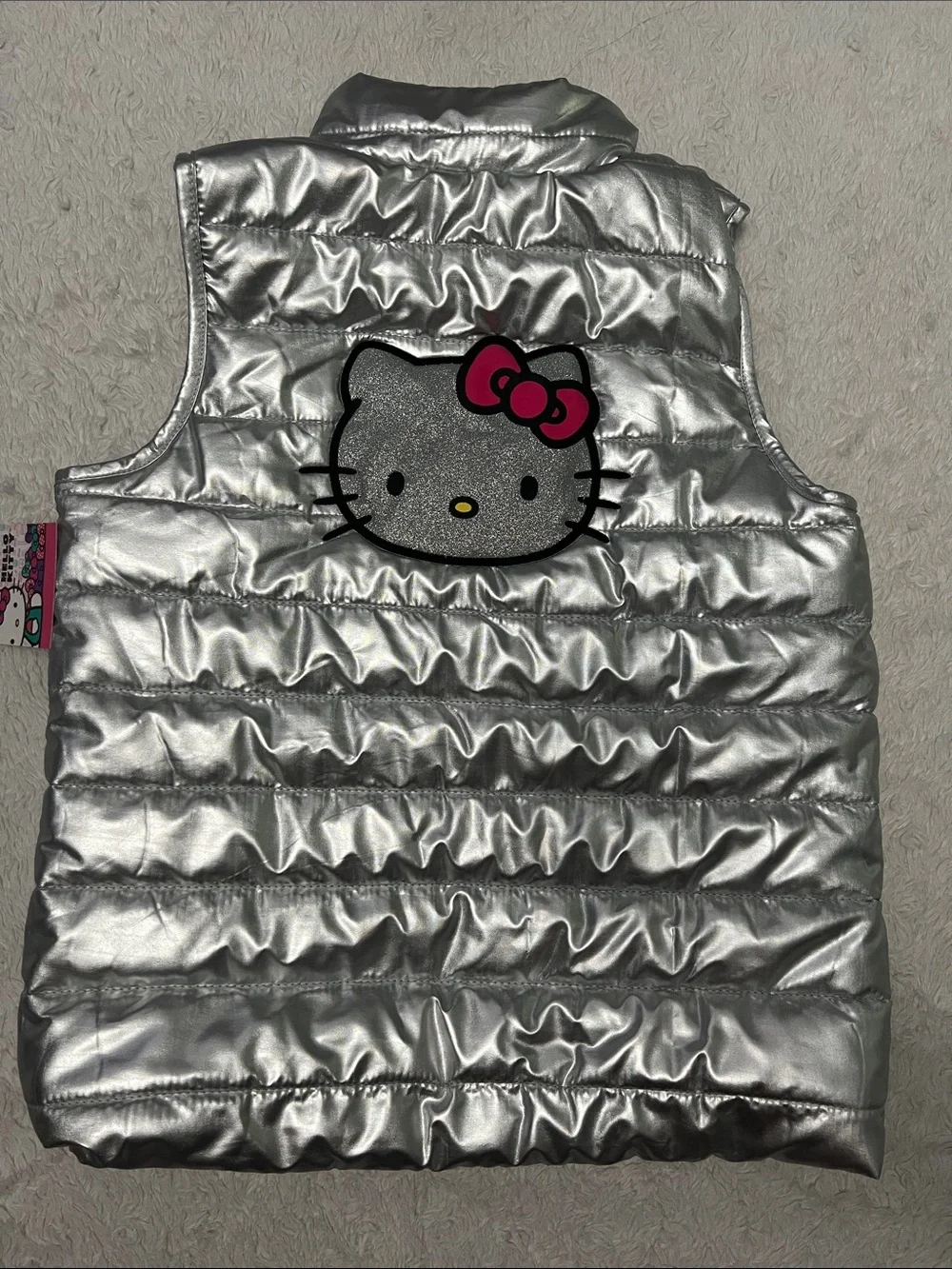 Hello Kitty Metallic Silver Quilted Puffer Vest with Pink Bow Patch